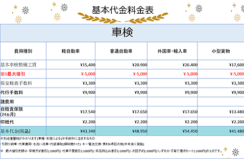 車検基本代金表